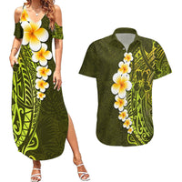 Lime Green Tropical Plumeria With Galaxy Polynesian Art Couples Matching Summer Maxi Dress and Hawaiian Shirt - Wonder Print Shop