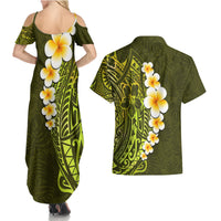 Lime Green Tropical Plumeria With Galaxy Polynesian Art Couples Matching Summer Maxi Dress and Hawaiian Shirt - Wonder Print Shop