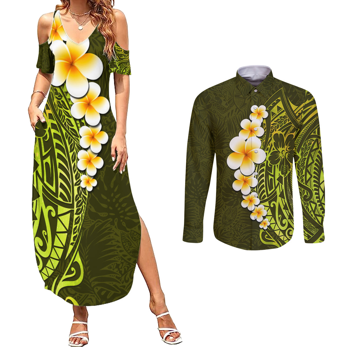 Lime Green Tropical Plumeria With Galaxy Polynesian Art Couples Matching Summer Maxi Dress and Long Sleeve Button Shirt - Wonder Print Shop