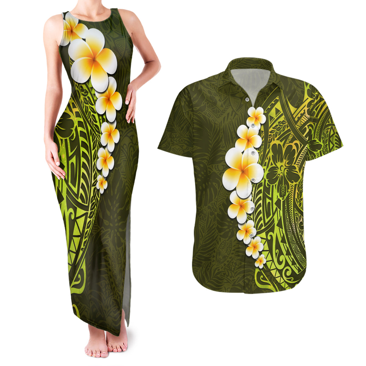 Lime Green Tropical Plumeria With Galaxy Polynesian Art Couples Matching Tank Maxi Dress and Hawaiian Shirt - Wonder Print Shop