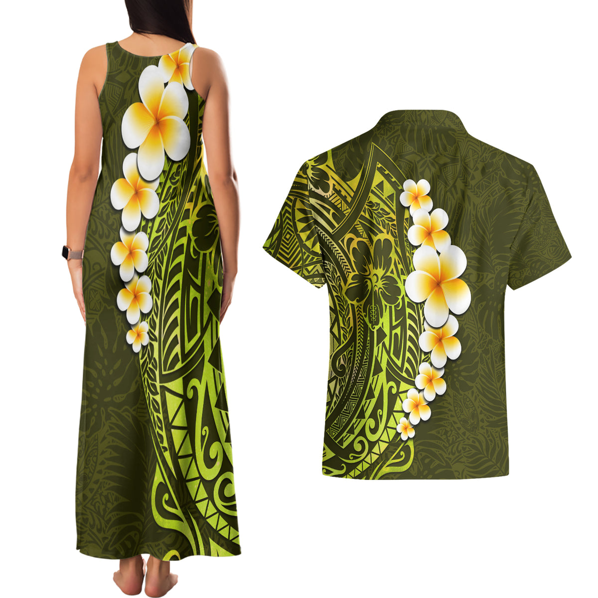 Lime Green Tropical Plumeria With Galaxy Polynesian Art Couples Matching Tank Maxi Dress and Hawaiian Shirt - Wonder Print Shop