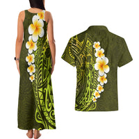 Lime Green Tropical Plumeria With Galaxy Polynesian Art Couples Matching Tank Maxi Dress and Hawaiian Shirt - Wonder Print Shop