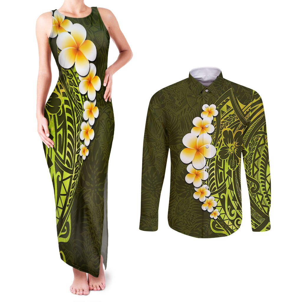 Lime Green Tropical Plumeria With Galaxy Polynesian Art Couples Matching Tank Maxi Dress and Long Sleeve Button Shirt - Wonder Print Shop