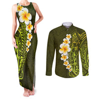 Lime Green Tropical Plumeria With Galaxy Polynesian Art Couples Matching Tank Maxi Dress and Long Sleeve Button Shirt - Wonder Print Shop
