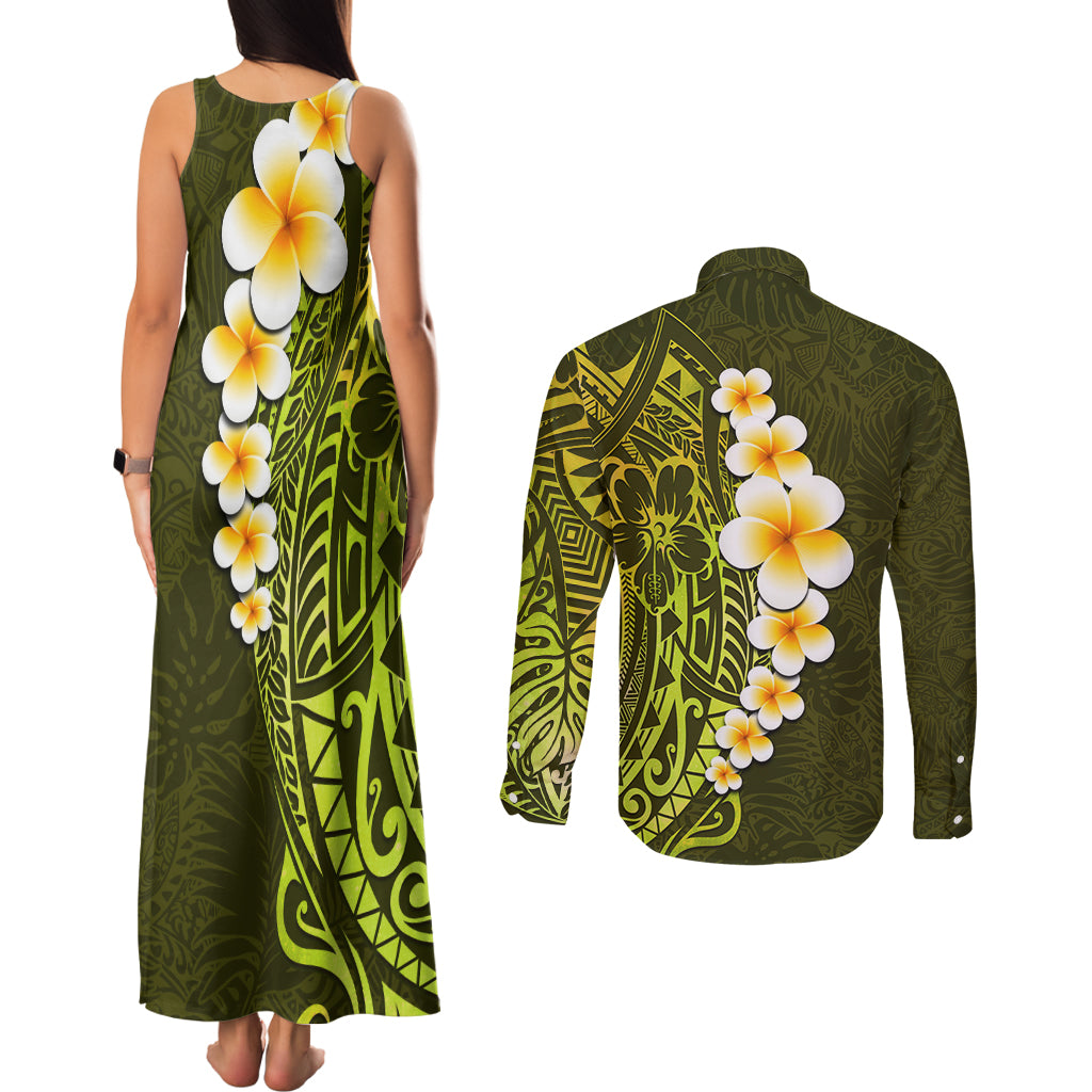 Lime Green Tropical Plumeria With Galaxy Polynesian Art Couples Matching Tank Maxi Dress and Long Sleeve Button Shirt - Wonder Print Shop
