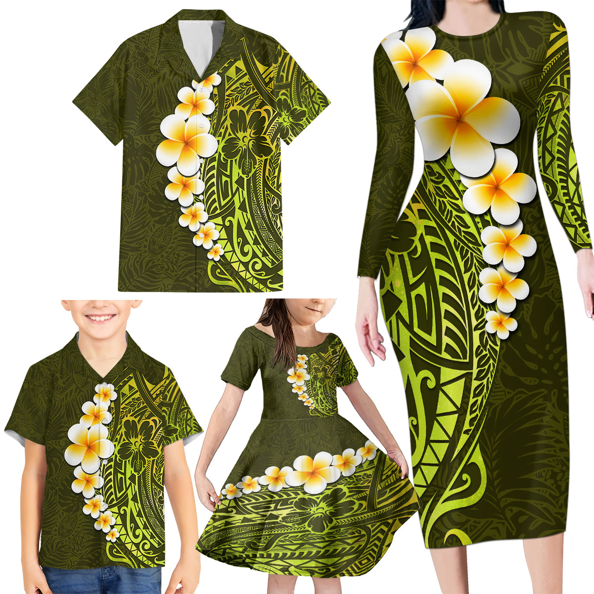 Lime Green Tropical Plumeria With Galaxy Polynesian Art Family Matching Long Sleeve Bodycon Dress and Hawaiian Shirt - Wonder Print Shop