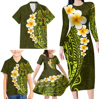 Lime Green Tropical Plumeria With Galaxy Polynesian Art Family Matching Long Sleeve Bodycon Dress and Hawaiian Shirt - Wonder Print Shop