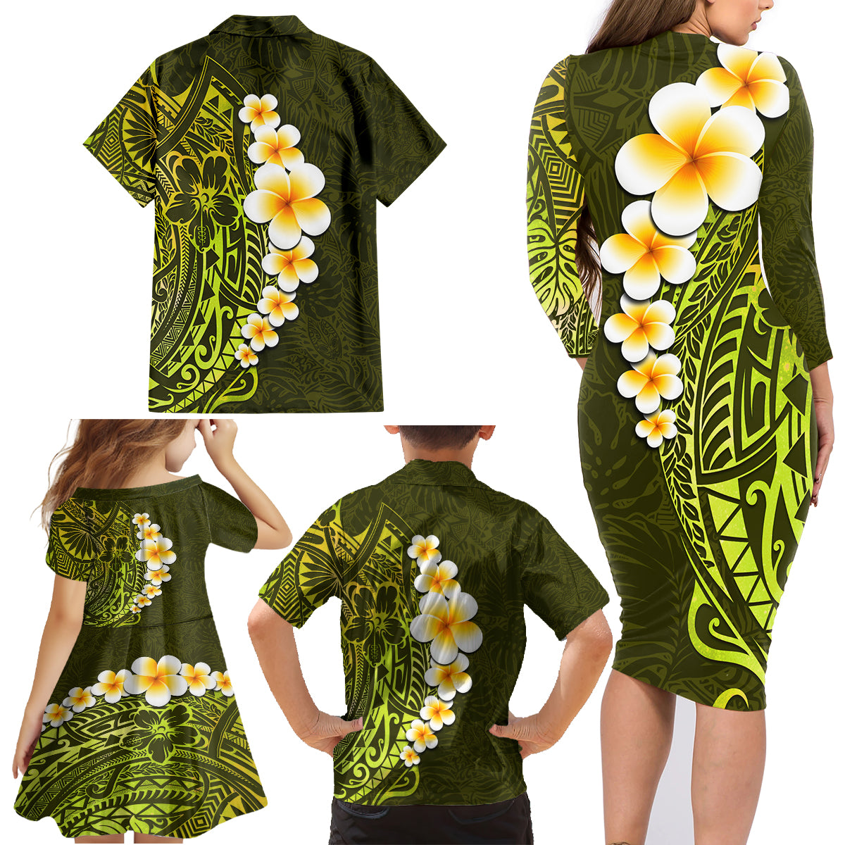 Lime Green Tropical Plumeria With Galaxy Polynesian Art Family Matching Long Sleeve Bodycon Dress and Hawaiian Shirt - Wonder Print Shop