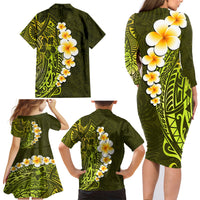 Lime Green Tropical Plumeria With Galaxy Polynesian Art Family Matching Long Sleeve Bodycon Dress and Hawaiian Shirt - Wonder Print Shop