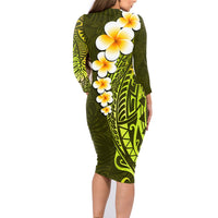 Lime Green Tropical Plumeria With Galaxy Polynesian Art Family Matching Long Sleeve Bodycon Dress and Hawaiian Shirt - Wonder Print Shop