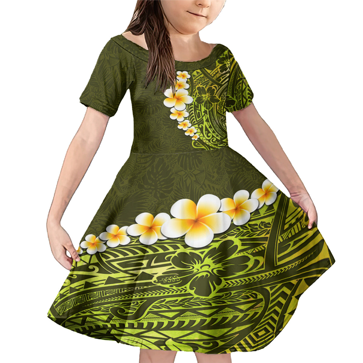 Lime Green Tropical Plumeria With Galaxy Polynesian Art Family Matching Mermaid Dress and Hawaiian Shirt - Wonder Print Shop
