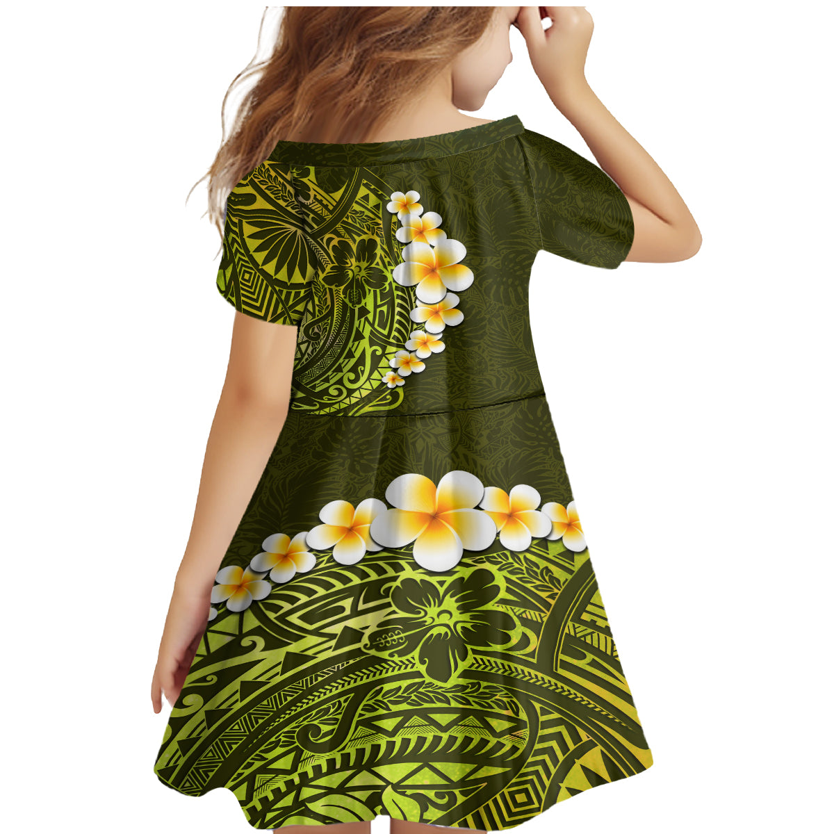 Lime Green Tropical Plumeria With Galaxy Polynesian Art Family Matching Mermaid Dress and Hawaiian Shirt - Wonder Print Shop