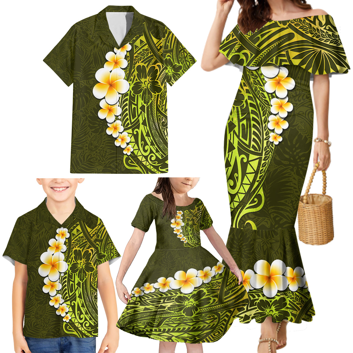 Lime Green Tropical Plumeria With Galaxy Polynesian Art Family Matching Mermaid Dress and Hawaiian Shirt - Wonder Print Shop