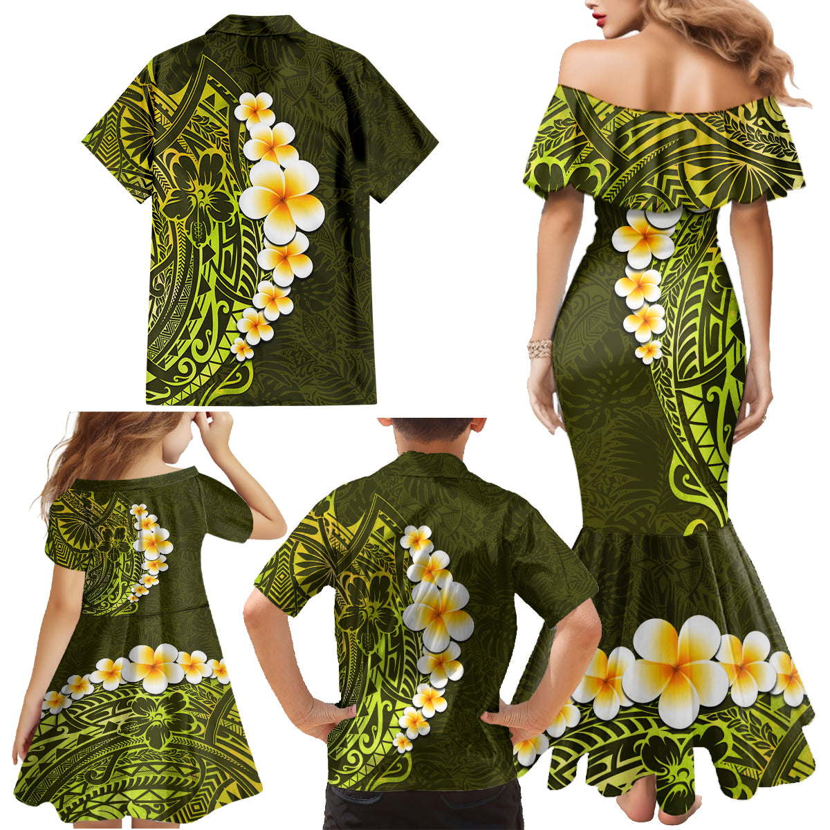 Lime Green Tropical Plumeria With Galaxy Polynesian Art Family Matching Mermaid Dress and Hawaiian Shirt - Wonder Print Shop