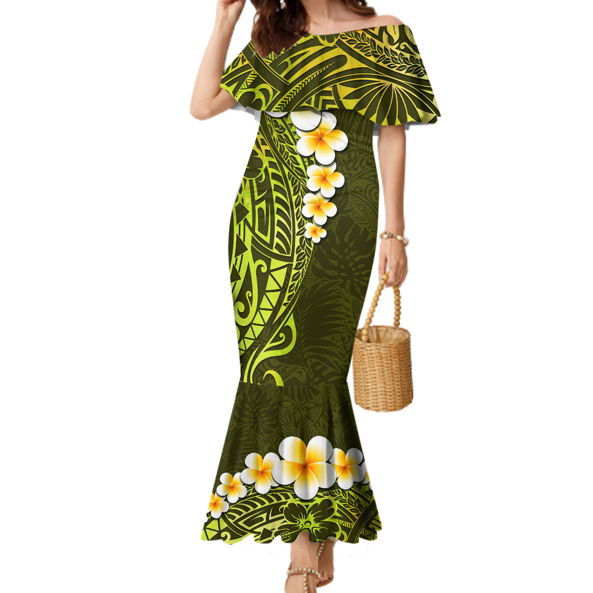 Lime Green Tropical Plumeria With Galaxy Polynesian Art Family Matching Mermaid Dress and Hawaiian Shirt - Wonder Print Shop