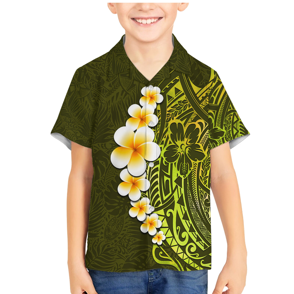 Lime Green Tropical Plumeria With Galaxy Polynesian Art Family Matching Mermaid Dress and Hawaiian Shirt - Wonder Print Shop