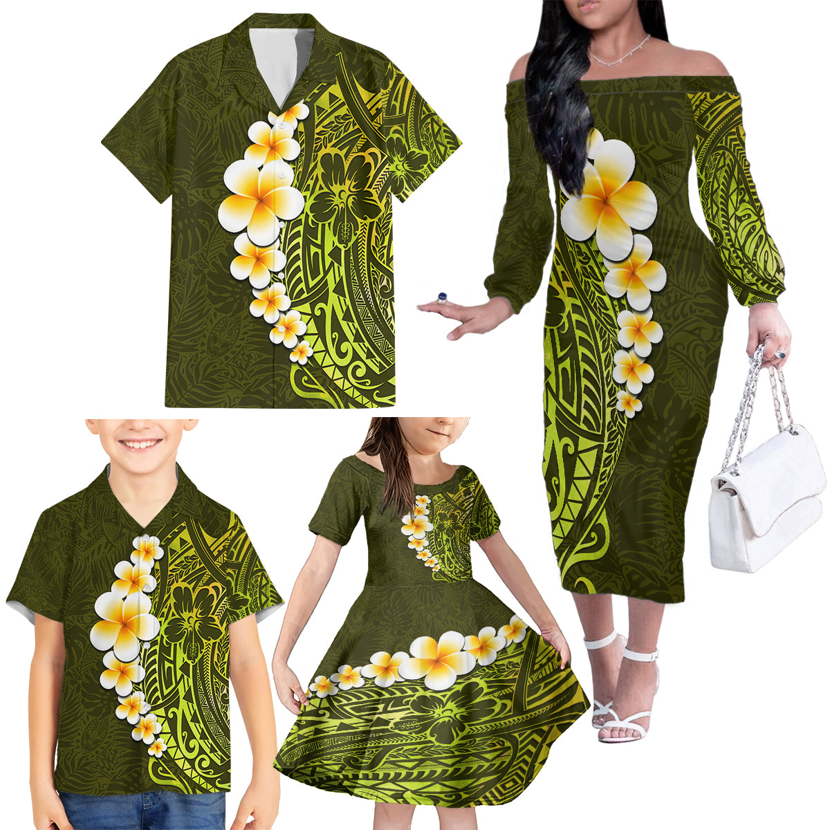 Lime Green Tropical Plumeria With Galaxy Polynesian Art Family Matching Off Shoulder Long Sleeve Dress and Hawaiian Shirt - Wonder Print Shop