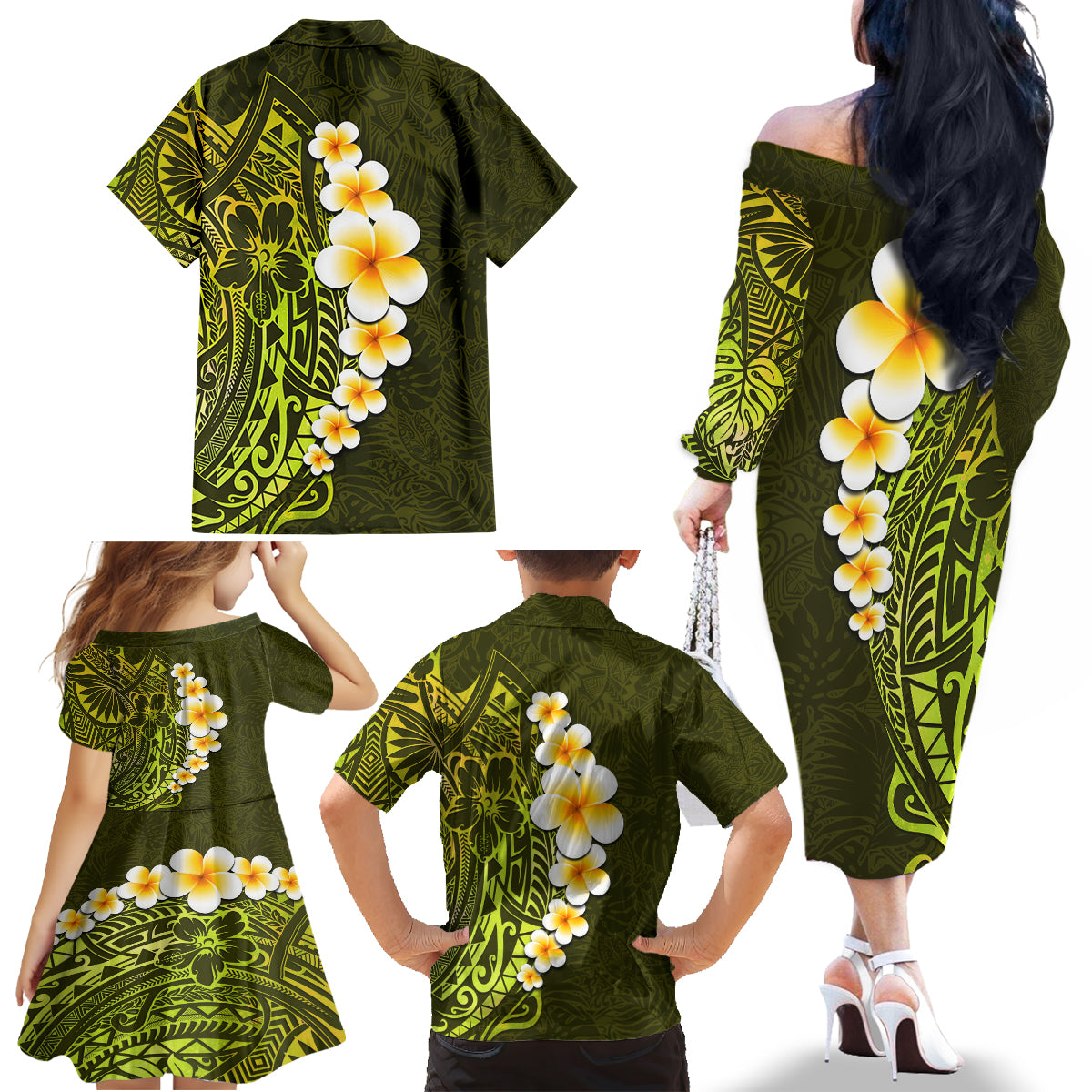 Lime Green Tropical Plumeria With Galaxy Polynesian Art Family Matching Off Shoulder Long Sleeve Dress and Hawaiian Shirt - Wonder Print Shop