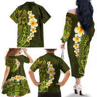 Lime Green Tropical Plumeria With Galaxy Polynesian Art Family Matching Off Shoulder Long Sleeve Dress and Hawaiian Shirt - Wonder Print Shop