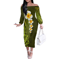 Lime Green Tropical Plumeria With Galaxy Polynesian Art Family Matching Off Shoulder Long Sleeve Dress and Hawaiian Shirt - Wonder Print Shop