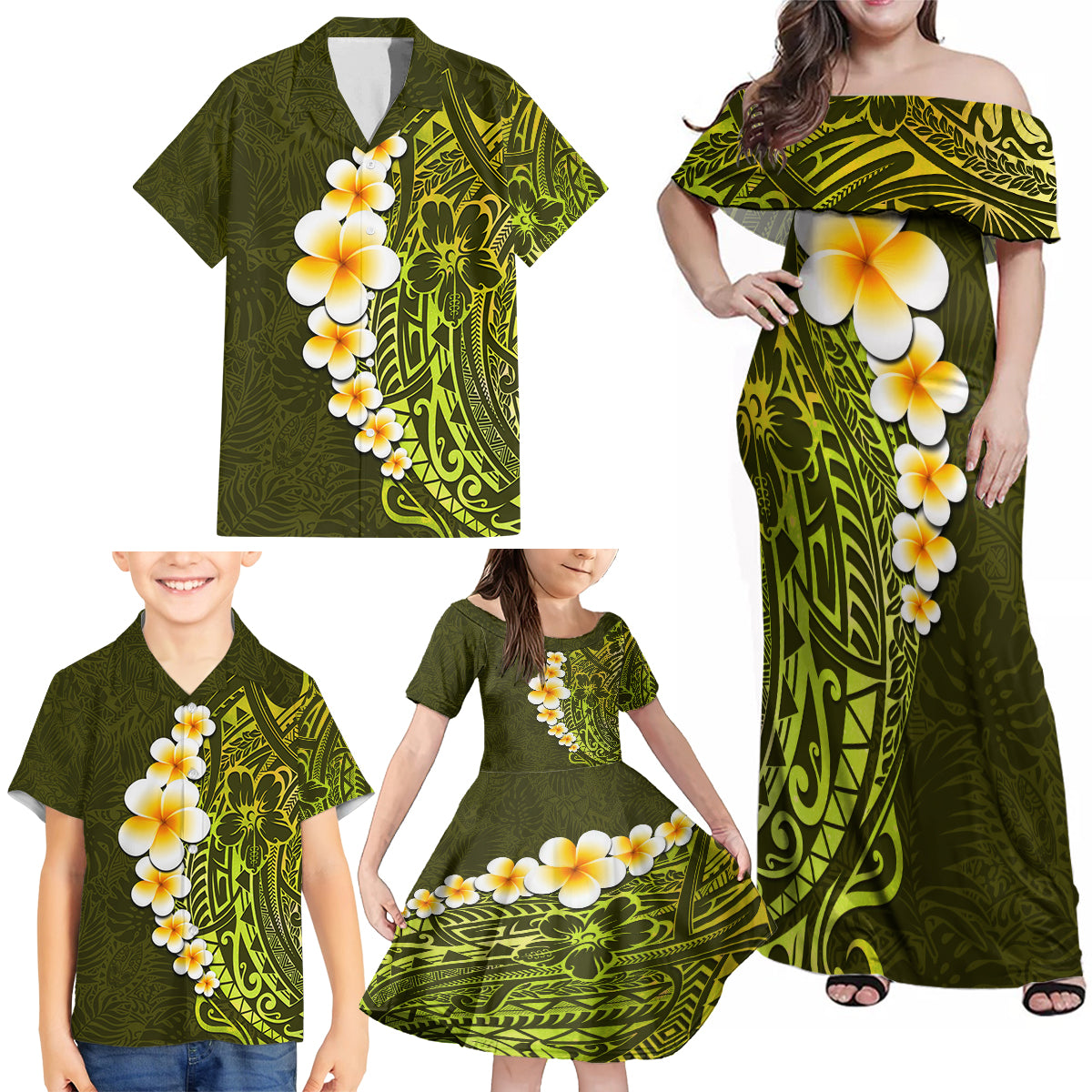 Lime Green Tropical Plumeria With Galaxy Polynesian Art Family Matching Off Shoulder Maxi Dress and Hawaiian Shirt - Wonder Print Shop