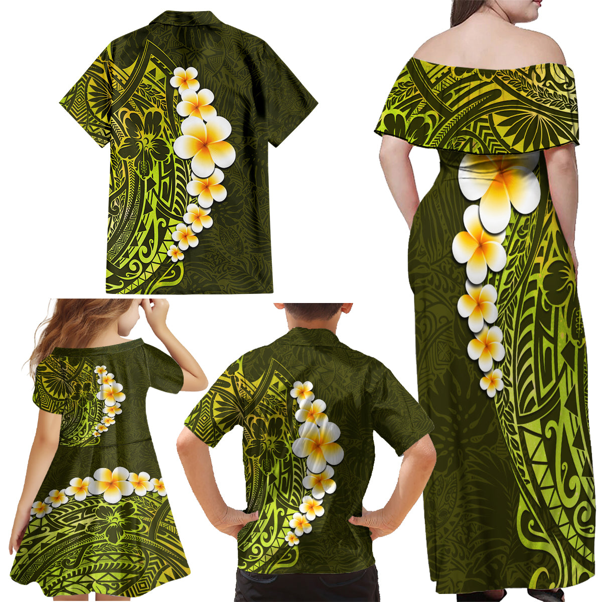 Lime Green Tropical Plumeria With Galaxy Polynesian Art Family Matching Off Shoulder Maxi Dress and Hawaiian Shirt - Wonder Print Shop