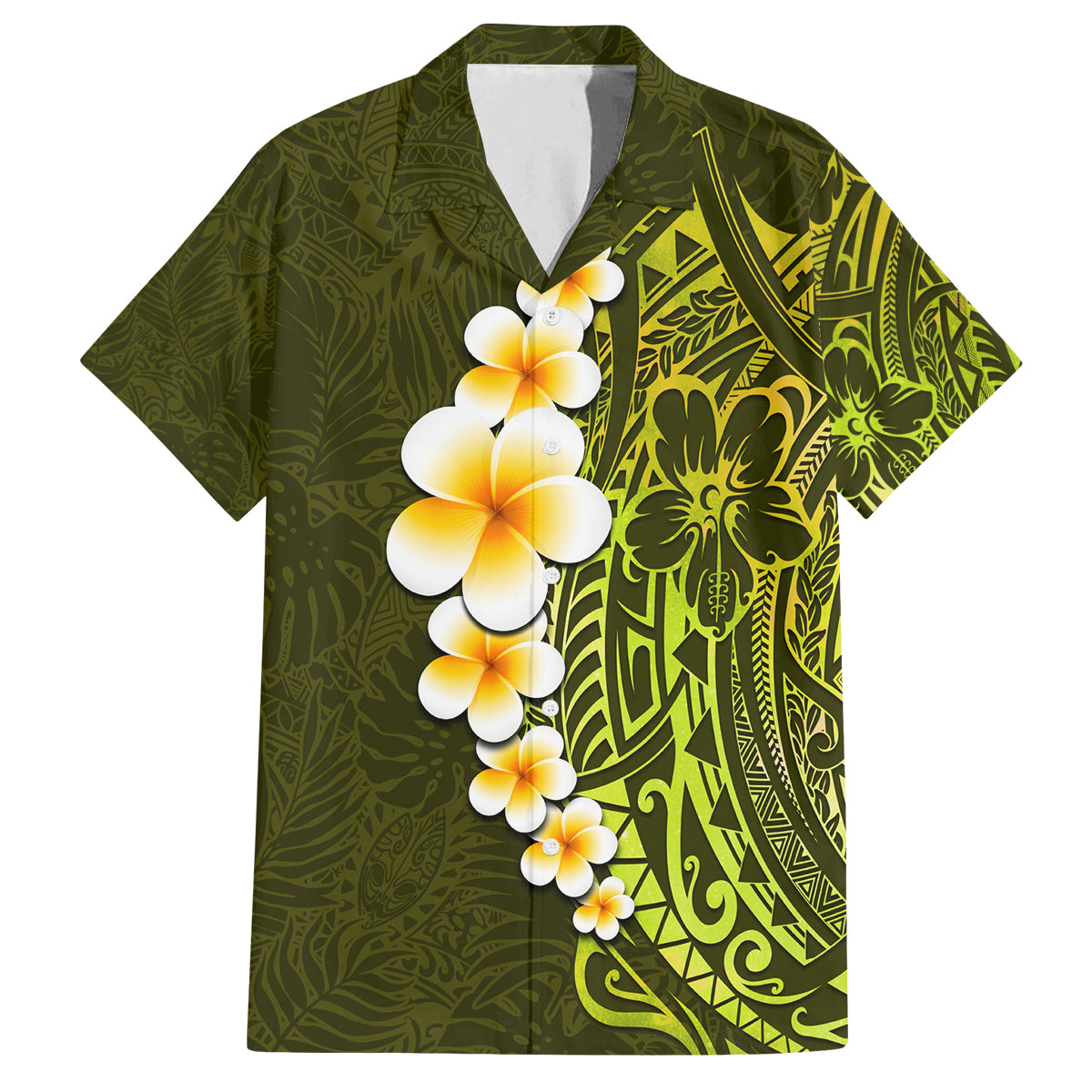 Lime Green Tropical Plumeria With Galaxy Polynesian Art Family Matching Off Shoulder Maxi Dress and Hawaiian Shirt - Wonder Print Shop