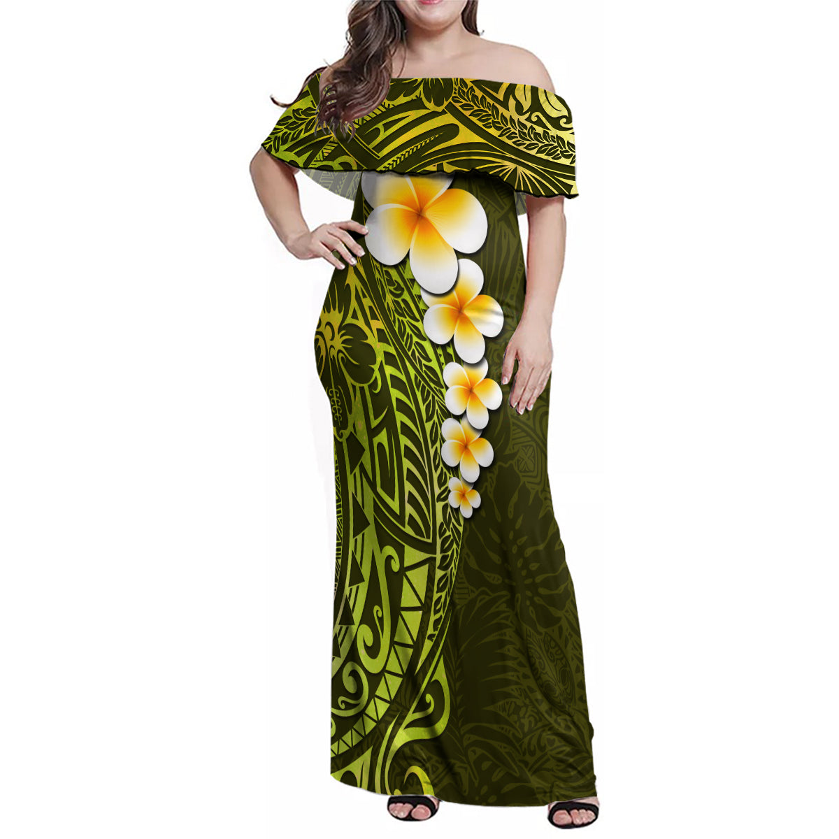Lime Green Tropical Plumeria With Galaxy Polynesian Art Family Matching Off Shoulder Maxi Dress and Hawaiian Shirt - Wonder Print Shop