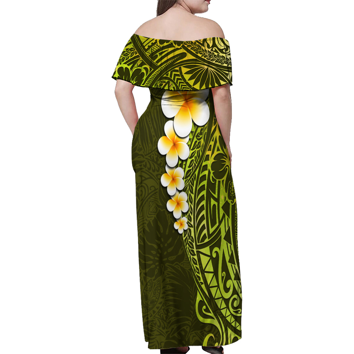 Lime Green Tropical Plumeria With Galaxy Polynesian Art Family Matching Off Shoulder Maxi Dress and Hawaiian Shirt - Wonder Print Shop