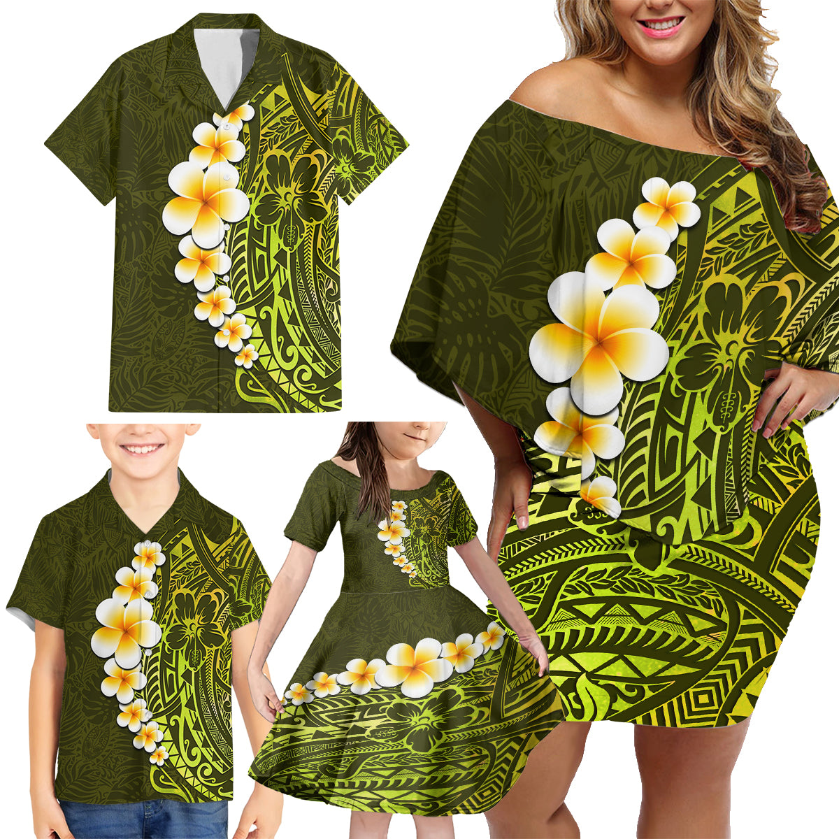 Lime Green Tropical Plumeria With Galaxy Polynesian Art Family Matching Off Shoulder Short Dress and Hawaiian Shirt - Wonder Print Shop