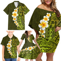 Lime Green Tropical Plumeria With Galaxy Polynesian Art Family Matching Off Shoulder Short Dress and Hawaiian Shirt - Wonder Print Shop