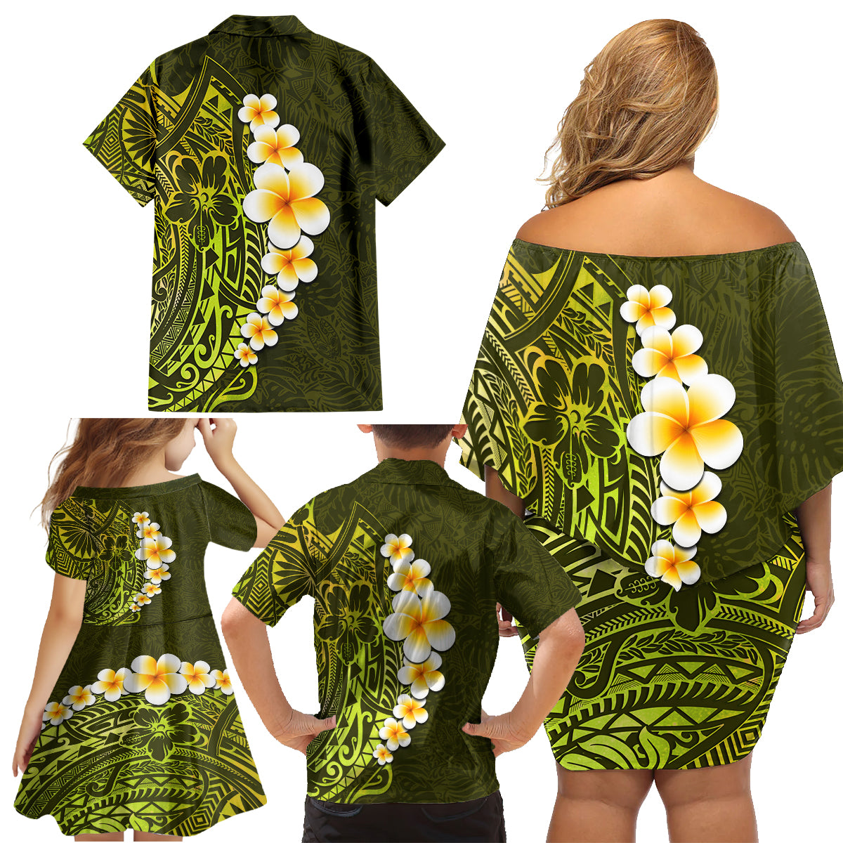 Lime Green Tropical Plumeria With Galaxy Polynesian Art Family Matching Off Shoulder Short Dress and Hawaiian Shirt - Wonder Print Shop