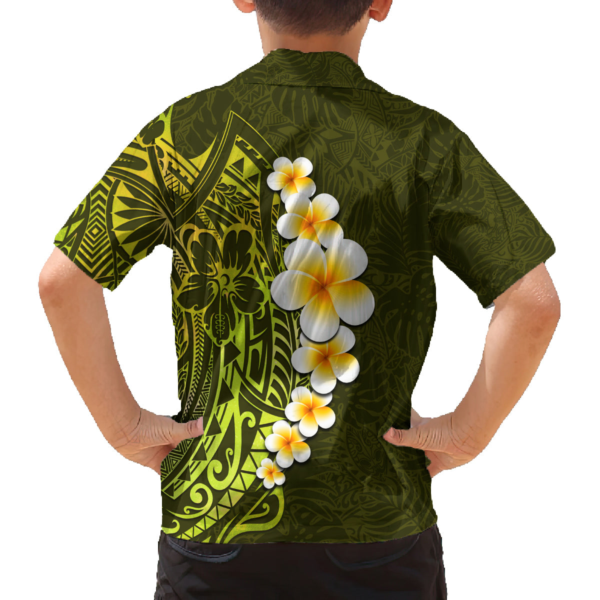 Lime Green Tropical Plumeria With Galaxy Polynesian Art Family Matching Puletasi Dress and Hawaiian Shirt - Wonder Print Shop