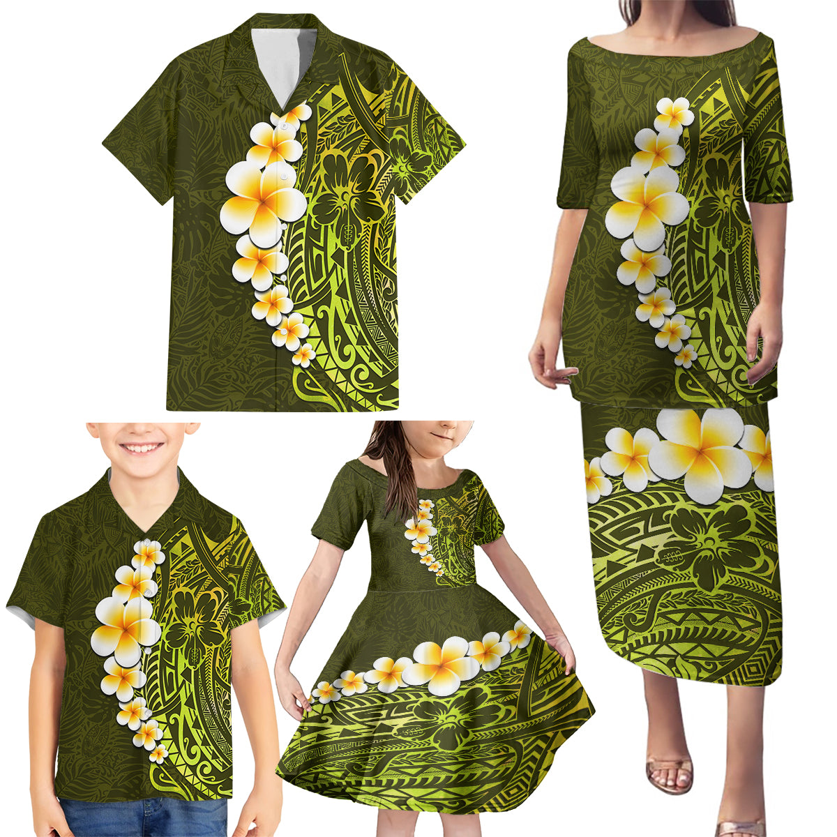 Lime Green Tropical Plumeria With Galaxy Polynesian Art Family Matching Puletasi Dress and Hawaiian Shirt - Wonder Print Shop