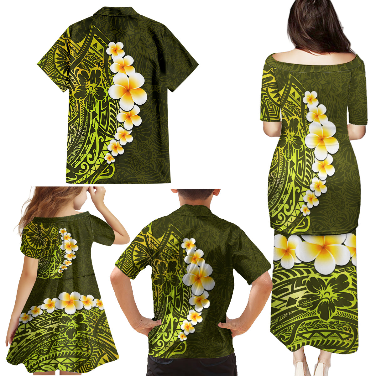 Lime Green Tropical Plumeria With Galaxy Polynesian Art Family Matching Puletasi Dress and Hawaiian Shirt - Wonder Print Shop