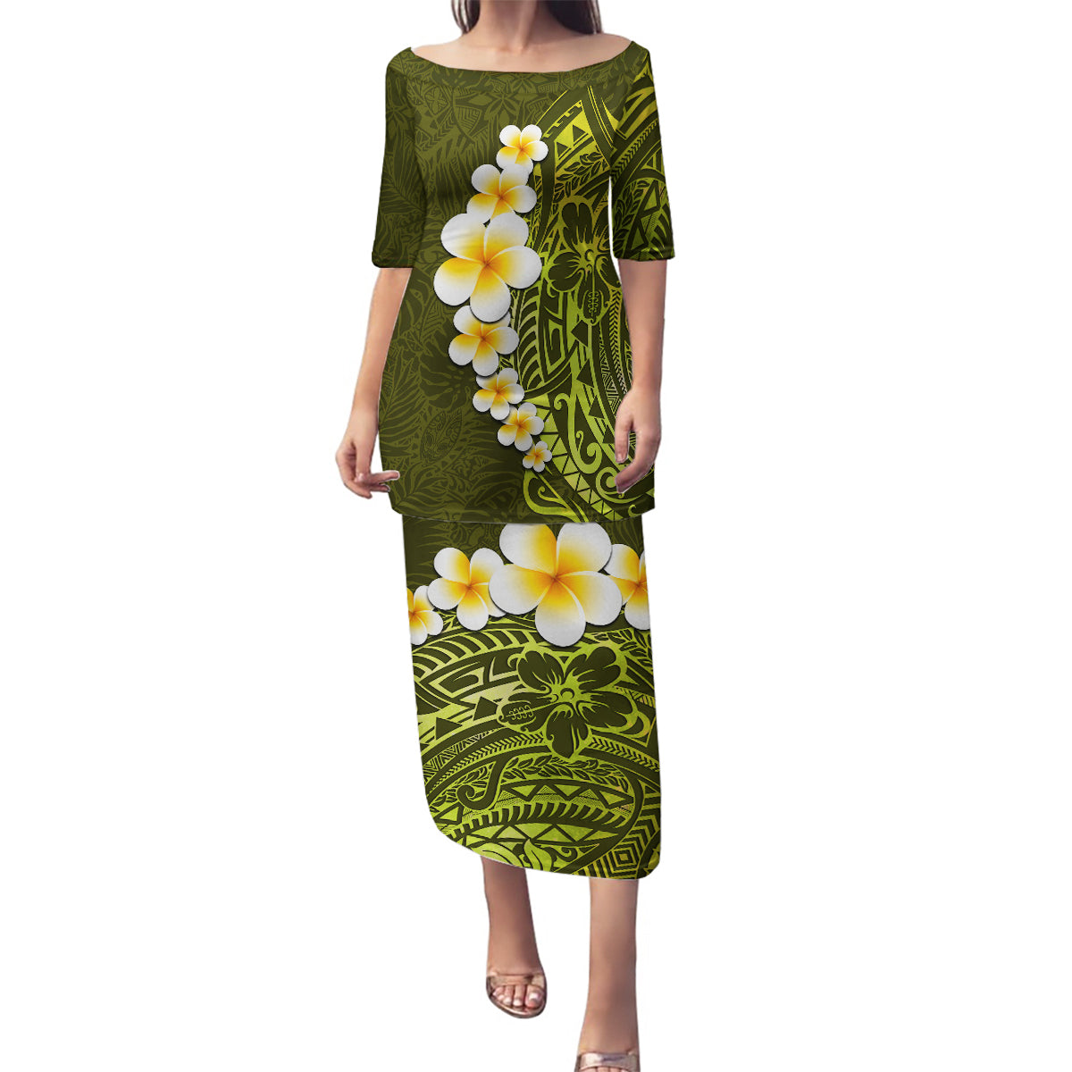 Lime Green Tropical Plumeria With Galaxy Polynesian Art Family Matching Puletasi Dress and Hawaiian Shirt - Wonder Print Shop