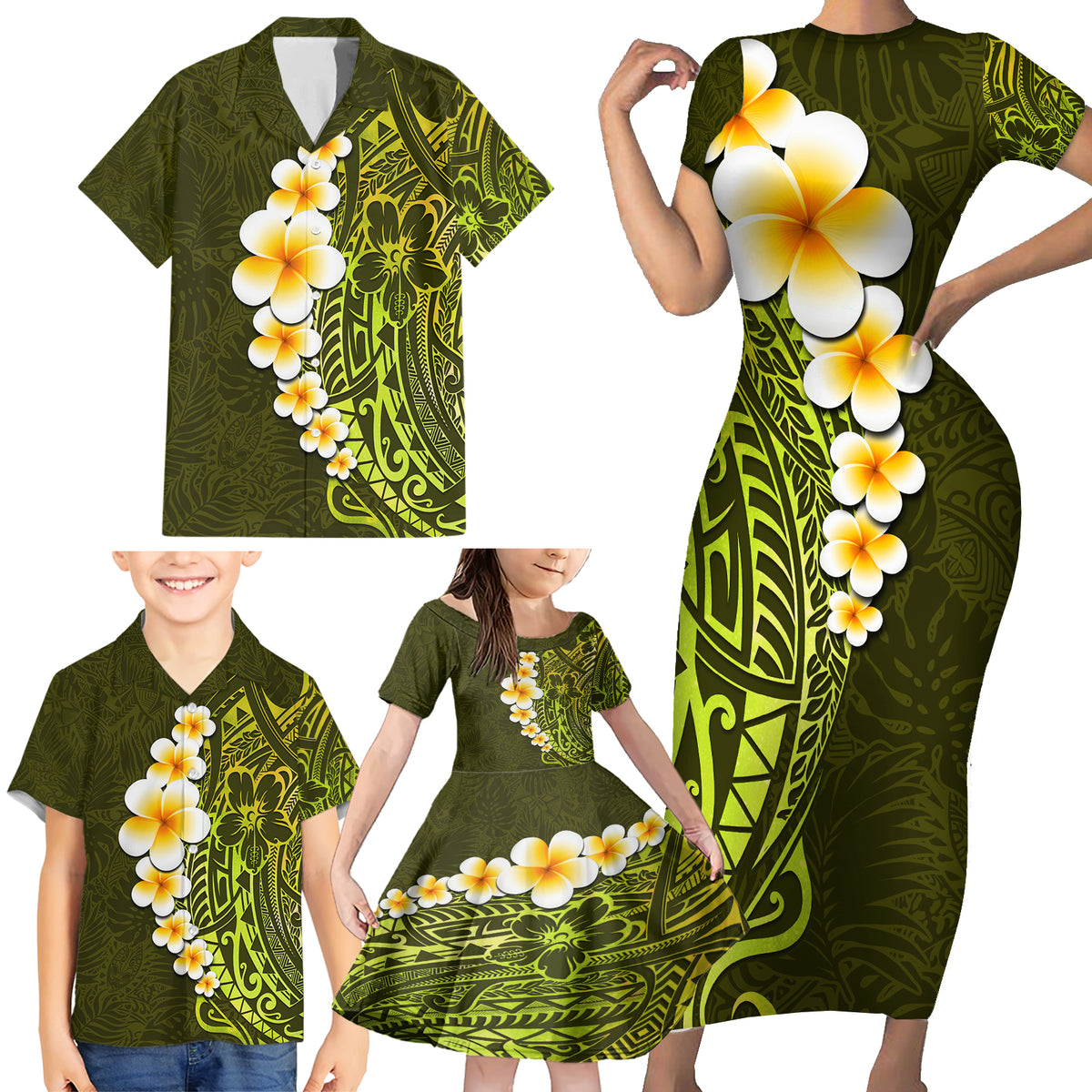 Lime Green Tropical Plumeria With Galaxy Polynesian Art Family Matching Short Sleeve Bodycon Dress and Hawaiian Shirt - Wonder Print Shop