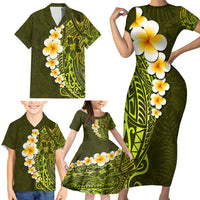 Lime Green Tropical Plumeria With Galaxy Polynesian Art Family Matching Short Sleeve Bodycon Dress and Hawaiian Shirt - Wonder Print Shop
