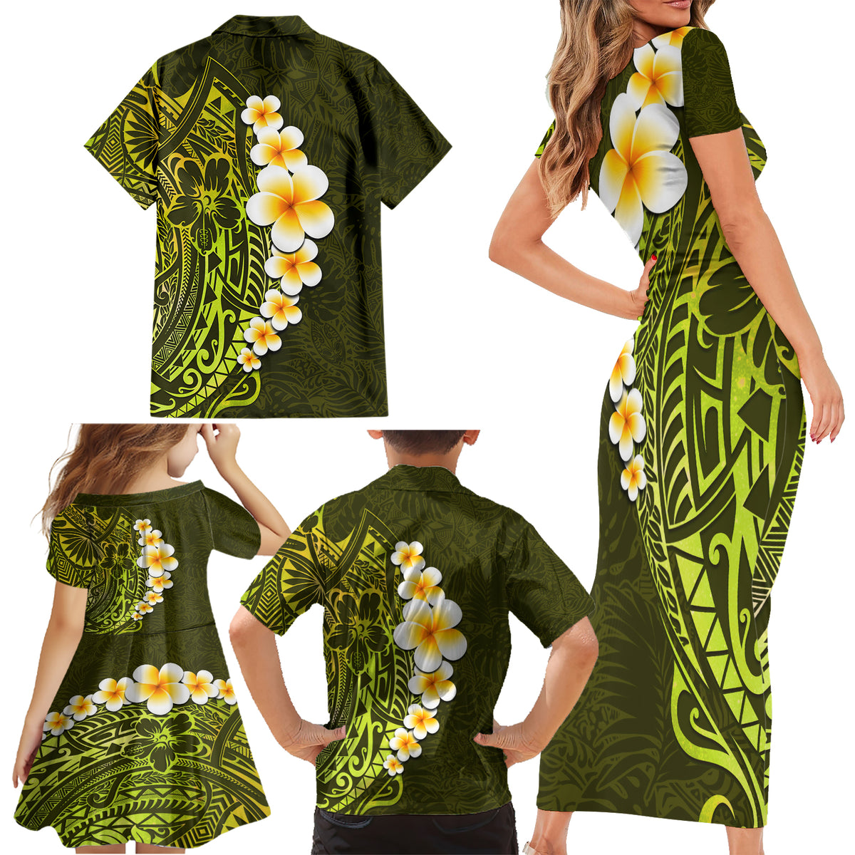 Lime Green Tropical Plumeria With Galaxy Polynesian Art Family Matching Short Sleeve Bodycon Dress and Hawaiian Shirt - Wonder Print Shop