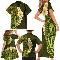 Lime Green Tropical Plumeria With Galaxy Polynesian Art Family Matching Short Sleeve Bodycon Dress and Hawaiian Shirt - Wonder Print Shop