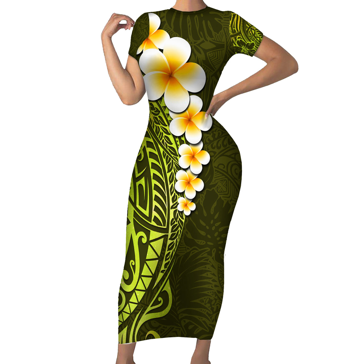 Lime Green Tropical Plumeria With Galaxy Polynesian Art Family Matching Short Sleeve Bodycon Dress and Hawaiian Shirt - Wonder Print Shop