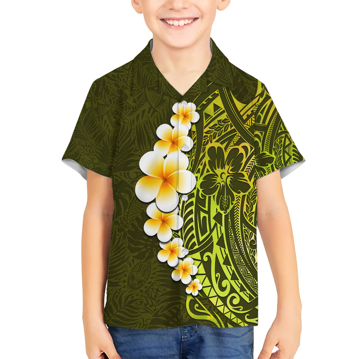 Lime Green Tropical Plumeria With Galaxy Polynesian Art Family Matching Short Sleeve Bodycon Dress and Hawaiian Shirt - Wonder Print Shop