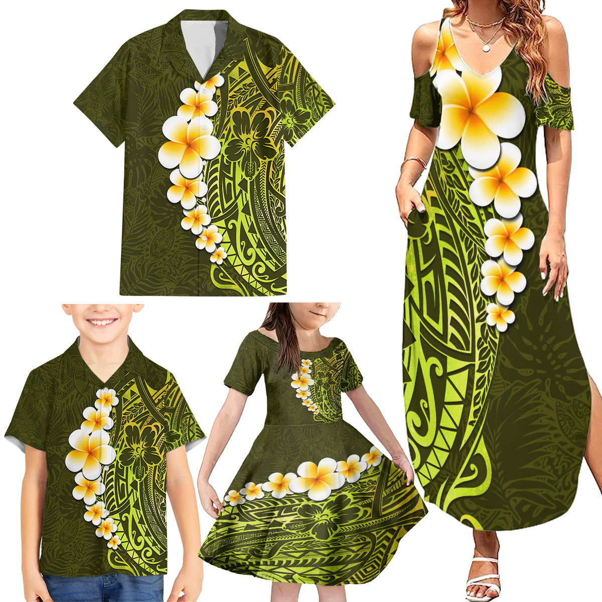 Lime Green Tropical Plumeria With Galaxy Polynesian Art Family Matching Summer Maxi Dress and Hawaiian Shirt - Wonder Print Shop