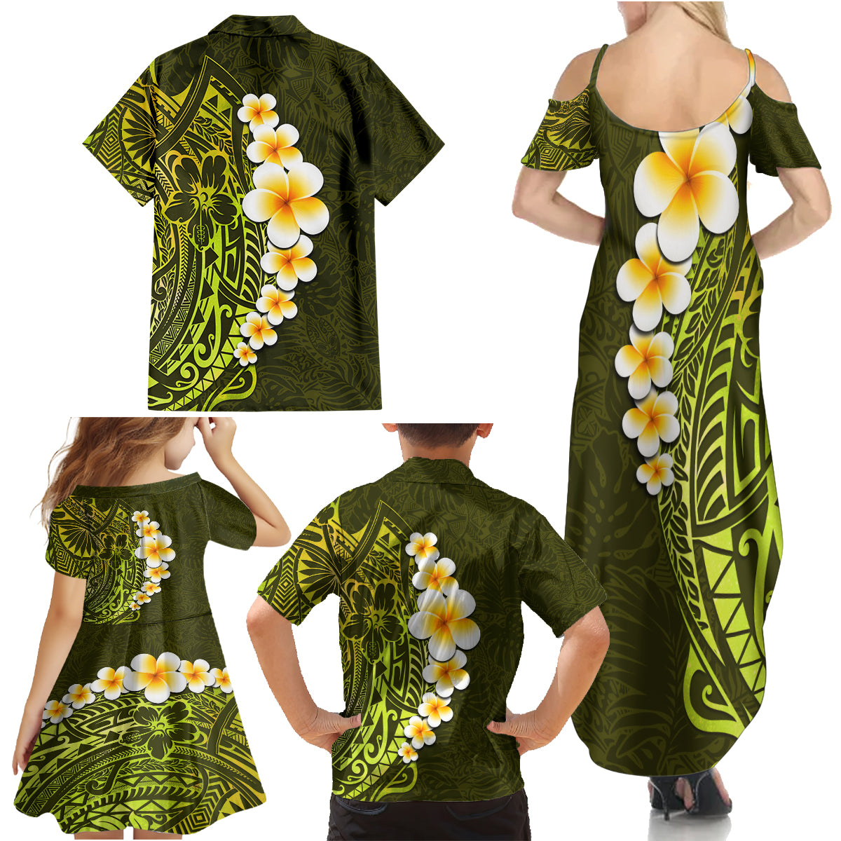 Lime Green Tropical Plumeria With Galaxy Polynesian Art Family Matching Summer Maxi Dress and Hawaiian Shirt - Wonder Print Shop