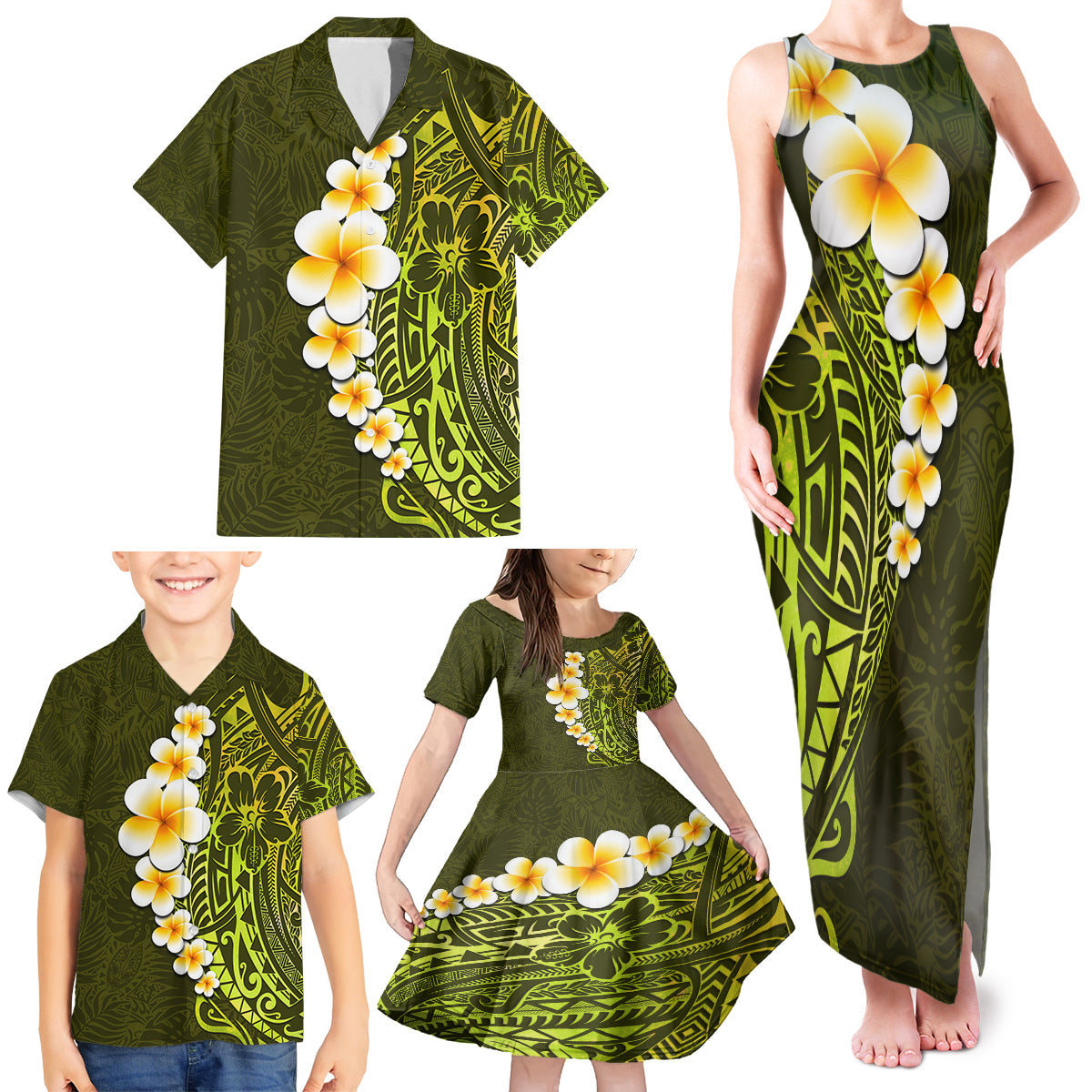 Lime Green Tropical Plumeria With Galaxy Polynesian Art Family Matching Tank Maxi Dress and Hawaiian Shirt - Wonder Print Shop
