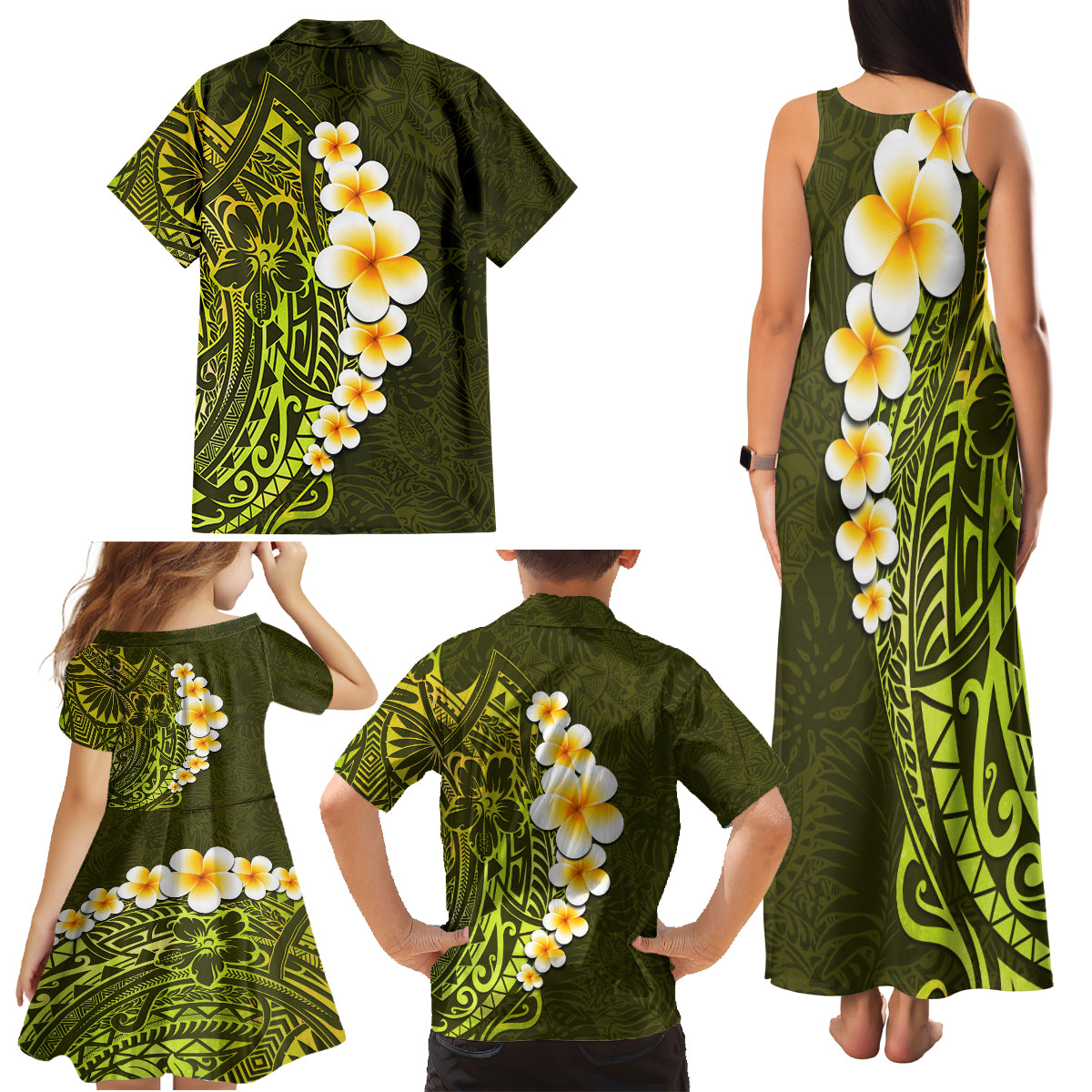 Lime Green Tropical Plumeria With Galaxy Polynesian Art Family Matching Tank Maxi Dress and Hawaiian Shirt - Wonder Print Shop