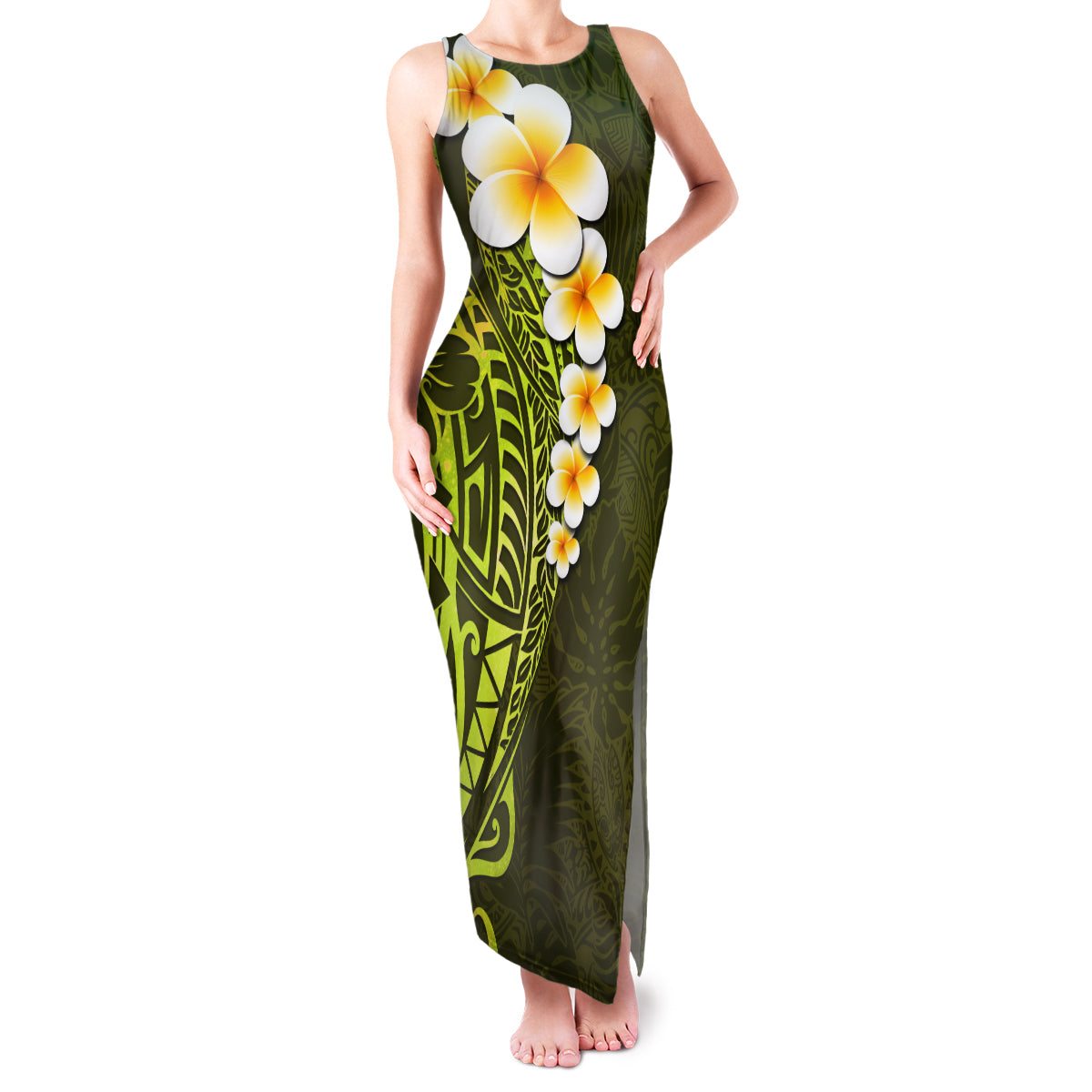 Lime Green Tropical Plumeria With Galaxy Polynesian Art Family Matching Tank Maxi Dress and Hawaiian Shirt - Wonder Print Shop
