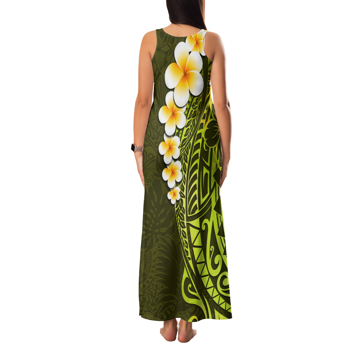 Lime Green Tropical Plumeria With Galaxy Polynesian Art Family Matching Tank Maxi Dress and Hawaiian Shirt - Wonder Print Shop
