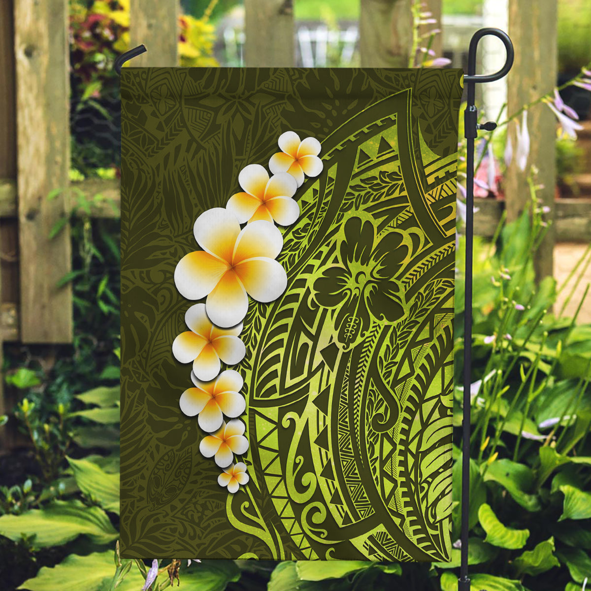 Lime Green Tropical Plumeria With Galaxy Polynesian Art Garden Flag - Wonder Print Shop
