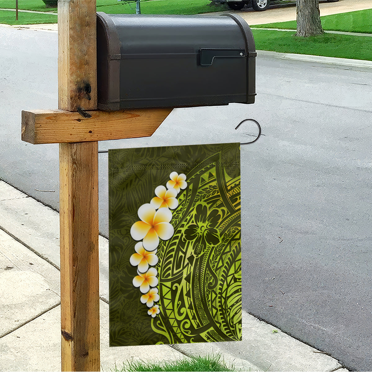 Lime Green Tropical Plumeria With Galaxy Polynesian Art Garden Flag - Wonder Print Shop